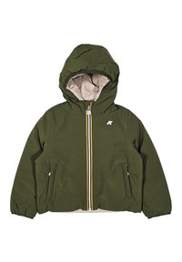 Giacca verde con cappuccio e polsini elasticizzati. Presenta una chiusura frontale con cerniera e dettagli gialli, oltre a due tasche laterali. Foderata di un colore più chiaro.