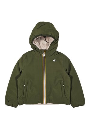 Giacca verde con cappuccio e polsini elasticizzati. Presenta una chiusura frontale con cerniera e dettagli gialli, oltre a due tasche laterali. Foderata di un colore più chiaro.