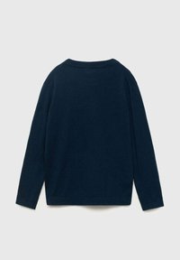 Námořnicky modrý svetr, pletená struktura, dlouhé rukávy, kulatý výstřih, jednoduchý design, žádné viditelné kovové prvky ani akcenty, zobrazený pohled zezadu.