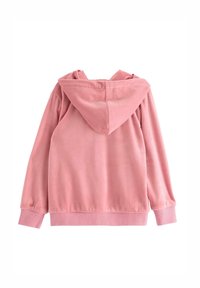 Różowa welurowa bluza z kapturem, z długimi rękawami oraz ściągaczami przy mankietach i hemie. Materiał wydaje się miękki o gładkiej fakturze.