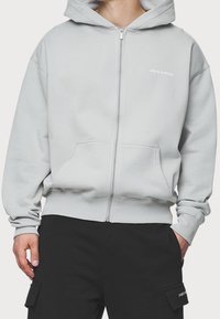 Felpa grigia chiara con zip realizzata in un tessuto morbido, dotata di un ampio cappuccio, tasche frontali, polsini a costine e il logo "PEGADOR" stampato sul petto.