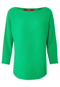 Zelený žebrovaný svetr se širokým výstřihem a tříčtvrtečními rukávy. Na krku je červená štítek s označením značky. Měkká pletenina.