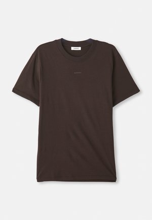 Dark brown short-sleeve crew neck T-shirt with "SANDRO" logo centered on the chest and a label inside the neckline.