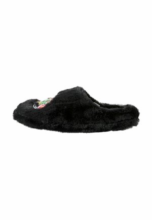 Black fleece slipper with a soft texture, front opening, and embroidered floral design on the upper. Low profile with a rounded toe.