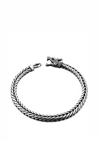 Hõbedast paeliga käevõru, millel on draakoni pea sarnane lukk punase aktsendiga vääriskiviga. Tekstureeritud pind keeruka detailiga. Ümmargune disain.