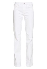 Białe dżinsy o prostym kroju, z zapięciem na guzik z przodu, szlufkami na pasek i pięcioma kieszeniami. Gładka tekstura z minimalnym przeszyciem.