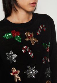 Schwarzer Pullover mit Pailletten-Weihnachtsmotiven: grüne Stechpalme, rote Beeren, Lebkuchenmänner, Zuckerstangen und Schneeflocken in Gold, Silber und Rot.