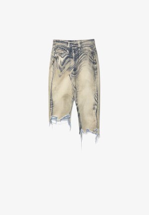 Denim shorts in a faded blue-grey wash, featuring distressed detailing, frayed hem, five pockets, and standard waistband with belt loops.
