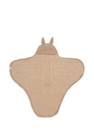 Beige soft baby swaddle blanket with hood and small fabric ears, laid flat with wing-like sides and fastening straps visible.