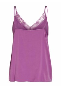 Purple camisole with thin straps, featuring a delicate lace trim along the neckline and a soft, flowy fabric.