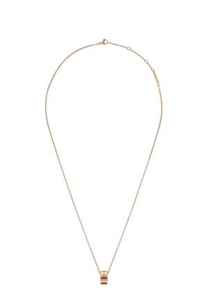 Rose gold necklace with a delicate chain and a cylindrical pendant featuring horizontal grooves. Simple design and smooth texture.