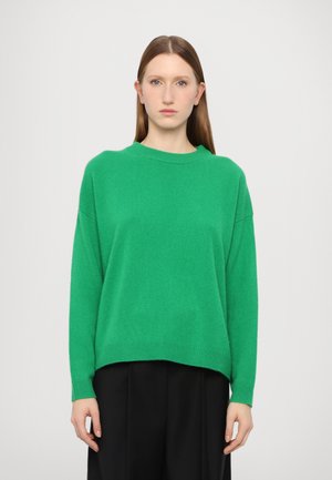 Green sweater made of soft knit material, featuring a round neckline, dropped shoulders, and ribbed hem. Worn with black pants.
