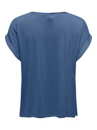 T-shirt bleu à manches courtes, coupe ample, avec bords roulés, vu de dos sur un fond blanc uni.