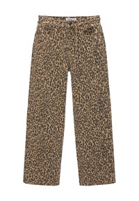 Pantalon à jambes larges imprimé léopard en beige et noir. Doté d'une taille haute avec un cordon de serrage et de deux poches avant. Texture de tissu douce.