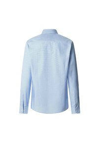 Chemise habillée bleu clair manches longues avec poignets boutonnés vue de dos sur fond blanc.