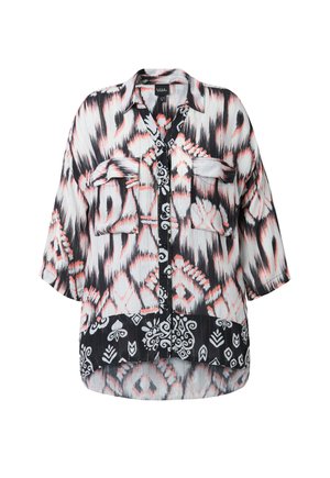 Leichtes, kurzärmliges Hemd mit einem Schwarz-Weiß-Ikat-Muster und Korallenakzenten, zwei Brusttaschen und einem abgerundeten Saum.