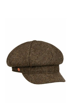 Brown tweed newsboy cap with eight panels and a short, rounded brim, featuring a small circular metal emblem on the side.