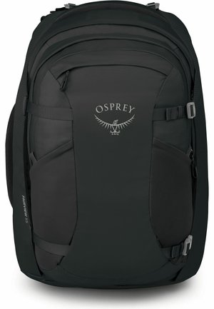 Zaino da viaggio Black Osprey Fairview 55 con più scomparti e cinghie laterali regolabili, logo frontale visibile.
