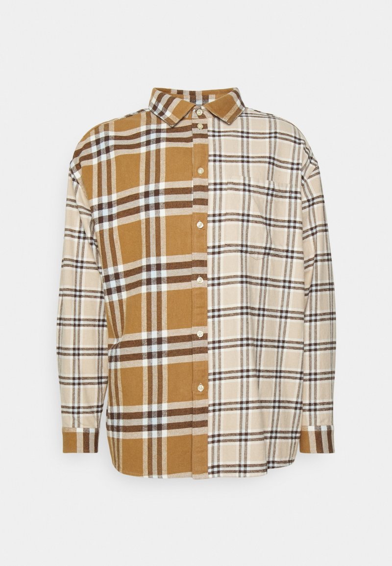 Checkered shirt featuring alternating brown and beige plaid patterns, long sleeves, button-down collar, and a single chest pocket.