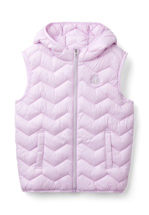 Chaleco sin mangas de color púrpura claro con capucha, con diseño de acolchado en forma de chevron, cremallera frontal y dos bolsillos laterales. Pequeño logo en el pecho.