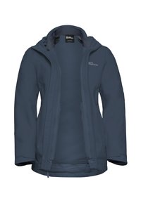Giacca impermeabile blu scuro con zipper anteriore completo, cappuccio regolabile e polsini elasticizzati. Caratterizzata dal logo sul petto sinistro.