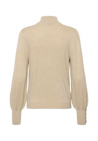 Beige pullover-sviiter kõrge kraega, pikkade pufsevarrukatega, kudumise tekstuuriga ja nööbikaunistustega mansettides. Näidatud tagaplane.