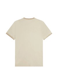 Camiseta de algodón color beige claro con cuello redondo, mangas cortas y un ribete delgado marrón en contraste a lo largo del cuello y las mangas.