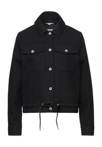 Veste noire en tissu texturé, avec un col, un devant boutonné, deux poches poitrine et un cordon de serrage réglable au bas.