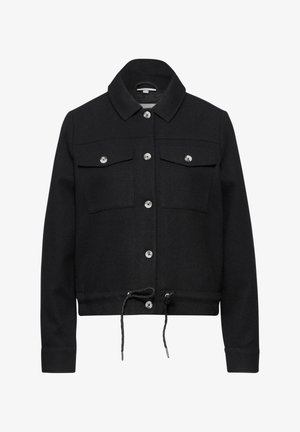 Chaqueta negra hecha de un material texturizado, con un cuello, cierre frontal abotonado, dos bolsillos en el pecho y un cordón ajustable en el dobladillo.