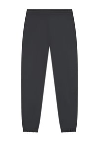 Zwarte joggerbroek van zacht materiaal, voorzien van een elastische tailleband en aansluitende boorden. Gladde textuur zonder zichtbare patronen of accenten.