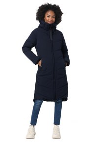 Navyblauwe gewatteerde jas met een capuchon, voorzien van een ritssluiting, zijzakken en een lange, gestikte ontwerpen met een rechte snit.