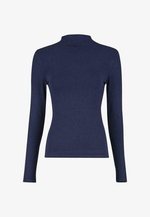 Maglione a collo alto blu navy a maniche lunghe realizzato in un tessuto morbido e elasticizzato, con un design aderente e una texture liscia.