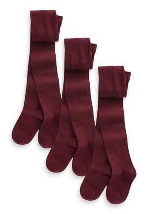 Set bestehend aus vier bordeauxfarbenen, knielangen Socken mit glatter Textur und umgeschlagenen Bündchen, die ein einfarbiges Design und runde Zehenabschnitte aufweisen.