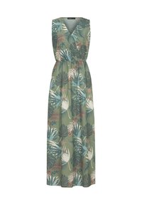 Long, green sleeveless dress with a v-neckline. Features a floral pattern of leaves and blossoms in blue, pink, and cream tones. Elastic waist.