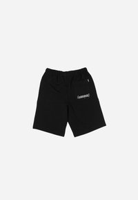 Black cotton shorts with an elastic waistband and a side pocket, featuring a printed logo on the back. Smooth texture, knee-length design.