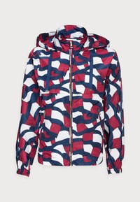 Rood, wit en marineblauw gestreepte windbreaker met een capuchon, elastische mouwen en dubbele voorzakken; heeft een centrale rits en aantrekkoorden.