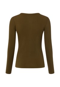 Langärmeliges, geripptes Oberteil in Olivgrün mit klassischem Rundhalsausschnitt und figurbetonter Silhouette, mit glatter Textur und ohne sichtbare Verzierungen.