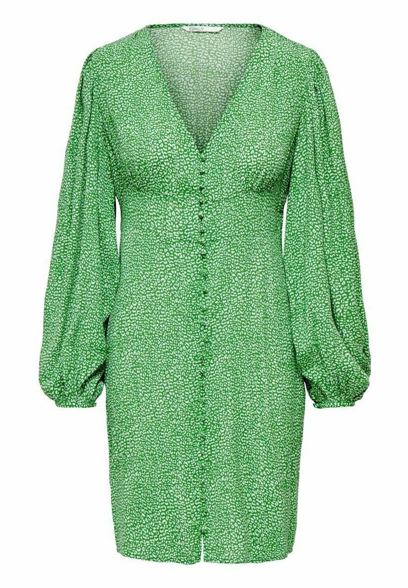 Robe verte avec un décolleté en V, de longues manches bouffantes et une fermeture à boutons sur le devant. Présentant un petit motif floral blanc sur un tissu texturé.