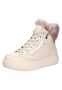 Baskets montantes en cuir crème avec un col en fausse fourrure, dotées d'une fermeture éclair linéaire et d'une semelle en caoutchouc texturé pour une meilleure adhérence.