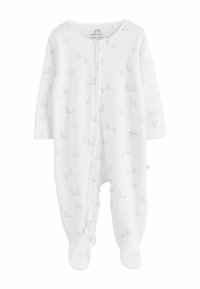 Weißer Baby-Body aus weichem Stoff, mit einem wiederholenden Muster kleiner rosa Kaninchen, langen Ärmeln und einem Fußdesign mit einem Reißverschluss vorne.