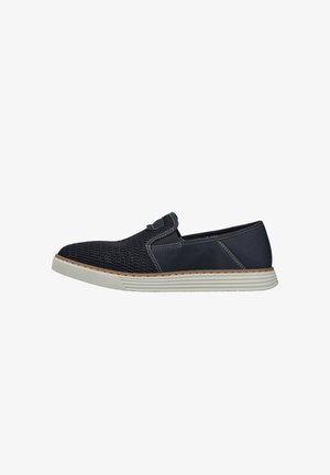 Navy slip-on shoe featuring a breathable mesh upper, smooth fabric accents, and a textured white sole with brown trim.