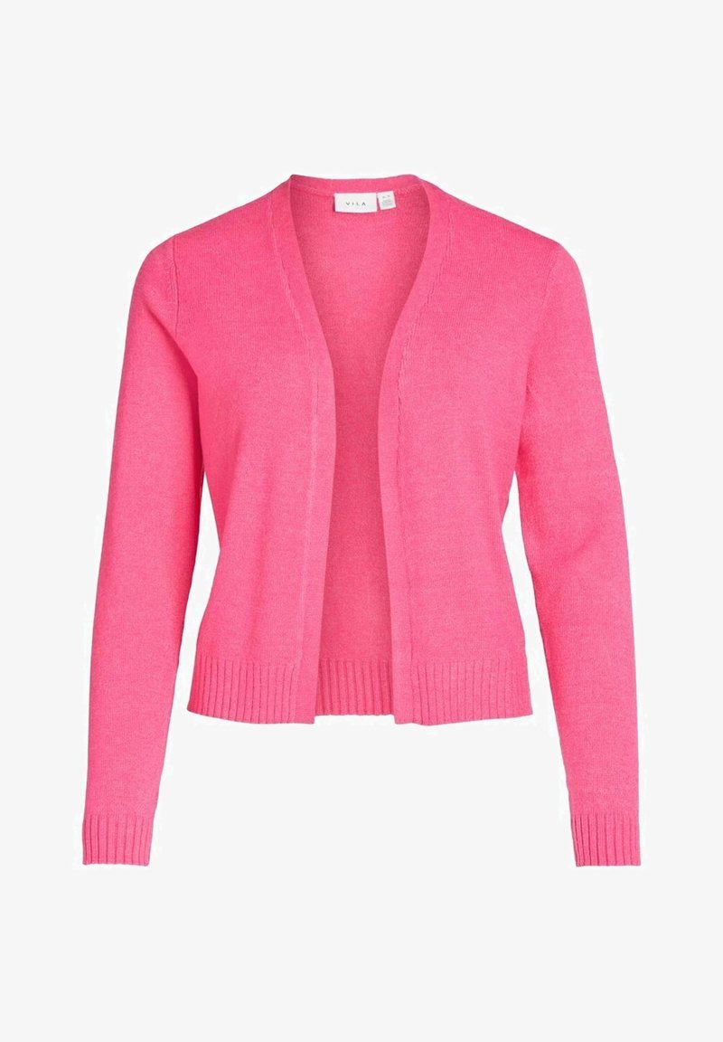 Rosa stickad kofta med V-ringning, öppen front, långa ärmar och ribbade muddar och fåll. Tillverkad av mjukt, lätt material.