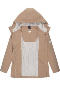 Bežna vodoodpornostna jakna s kapuco, ki ima belo vzorčasto podlogo, zadrgo in zakovice ter elastične manšete.