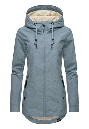 Veste à capuche bleu clair avec fermeture éclair sur le devant, deux poches latérales et cordons de serrage réglables. L'intérieur présente une doublure crème contrastante.