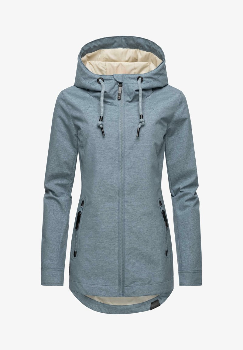 Šviesiai mėlynas džemperis su gobtuvu, užtrauktuku priekyje, dviem šoninėm kišenėm ir reguliuojamomis raišteliais. Viduje yra kontrastinga kreminė pamušalas.