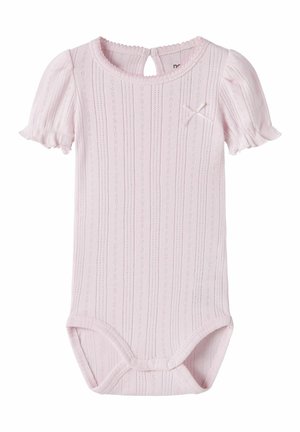 Light pink baby bodysuit with short puff sleeves, textured vertical stripes, small bow on chest, and snap buttons at the crotch.
