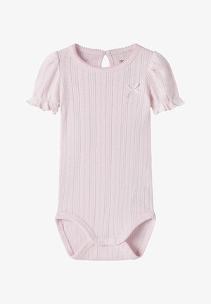 Light pink baby bodysuit with short puff sleeves, textured vertical stripes, small bow on chest, and snap buttons at the crotch.