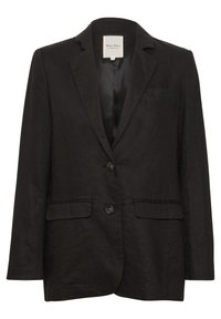 Schwarzer Leinenblazer mit zwei Fronttaschen, typischen Revers und zwei Knöpfen. Verfügt über ein glattes Innenfutter und eine subtile Textur.