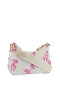 Cvečni potisk na torbi za ramo v krem barvi z rožnatimi cvetovi. Ima zadrgo in ravno, nastavljivo naramnico s pozlačenimi dodatki.