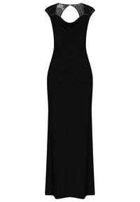 Czarna wieczorowa sukienka z koronkowymi, krótkimi rękawkami, dekoltem typu cowl i dopasowanym krojem. Charakteryzuje się marszczeniami i sięga do podłogi.